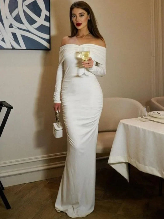White Pleated Slim Maxi Dress for Patchwork Off-shoulder High Waist Dress Party Dress