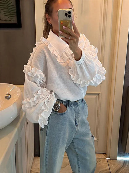 White Ruffled Shirts for Patchwork Cardigan Lapel Long Sleeve Outwear Slim Shirts New