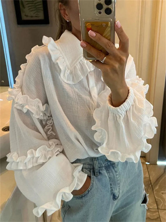 White Ruffled Shirts for Patchwork Cardigan Lapel Long Sleeve Outwear Slim Shirts New