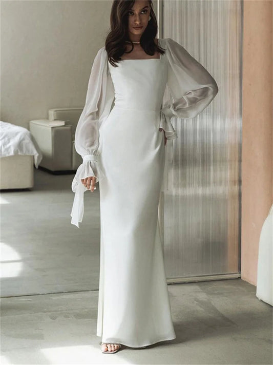 White Ruffled Mesh Maxi Dress – High Waist Patchwork Slim Party Lace-up Long Dress