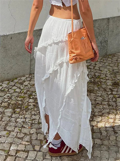 White Ruffled Patchwork Long Skirt See-through for Split Summer Beach Holiday Maxi Skirt ’s Y2k Skirt