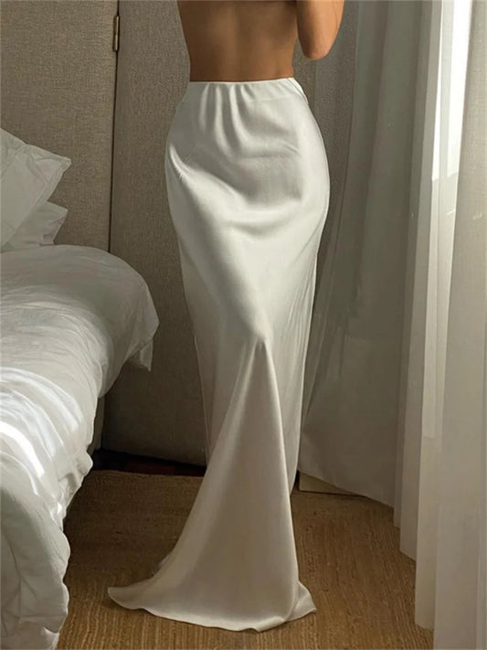 White Satin High Waist Long Skirt for Zipper Side Split Slim Party Maxi Skirt Y2k Outfit Female Long Skirt