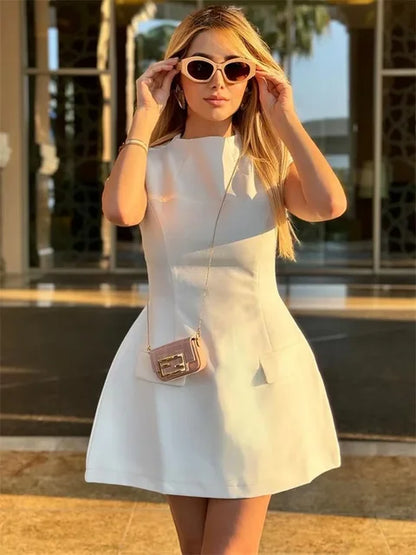 White Slim ’s Mini Dress Sleeveless Pocket High Waist Party Dress Patchwork Dress