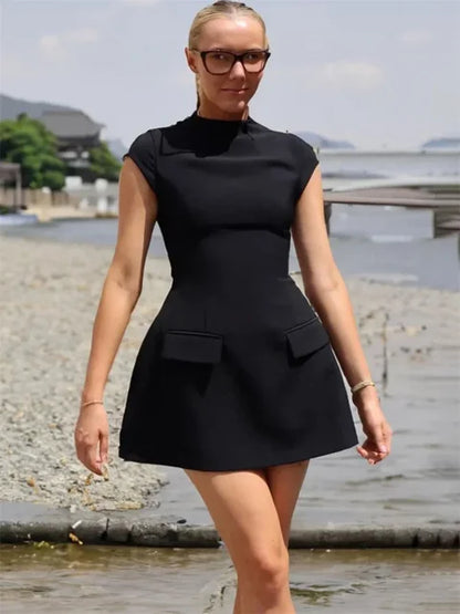 White Slim ’s Mini Dress Sleeveless Pocket High Waist Party Dress Patchwork Dress