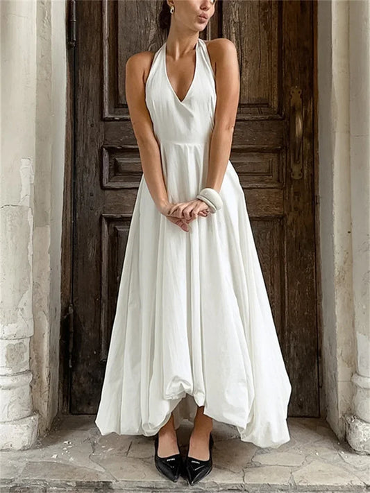 White V-neck Backless Long Dress Female Sleeveless High Waist Bodycon Dress Maxi Dress