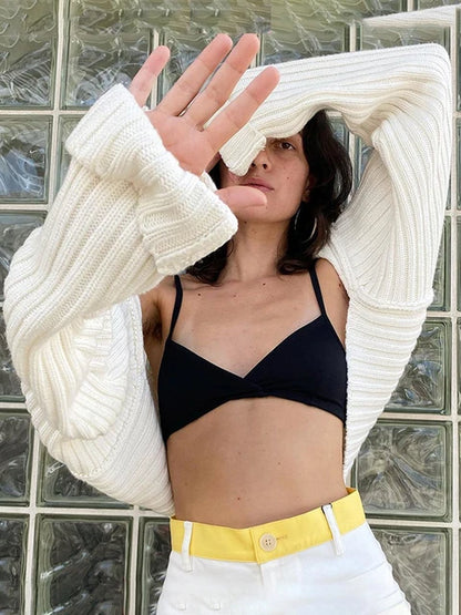 White Sweater Shrugs Cropped Top Full Lantern Sleeve Knitwear Pullover Summer High Street Outwear Spring