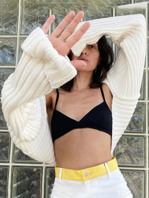 White Sweater Shrugs Cropped Top Full Lantern Sleeve Knitwear Pullover Summer High Street Outwear Spring