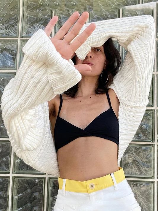 White Sweater Shrugs Cropped Top Full Lantern Sleeve Knitwear Pullover Summer High Street Outwear Spring