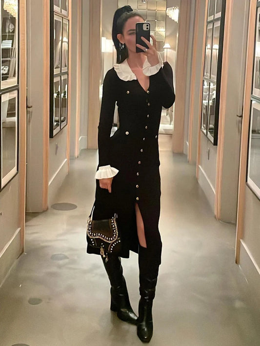 Winter Knitwear V-neck Maxi Dress Female Ruffled High Waist Cardigan Ribbed Sweater Party Dress ’s Knit Dress