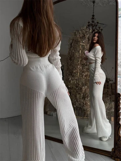 Knitted Sweater Outfits Buttons See-through Long Sleeve High Waist Knit Two Piece Trousers Outfits