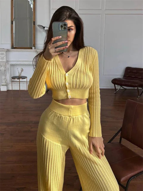 Knitted Sweater Outfits Buttons See-through Long Sleeve High Waist Knit Two Piece Trousers Outfits