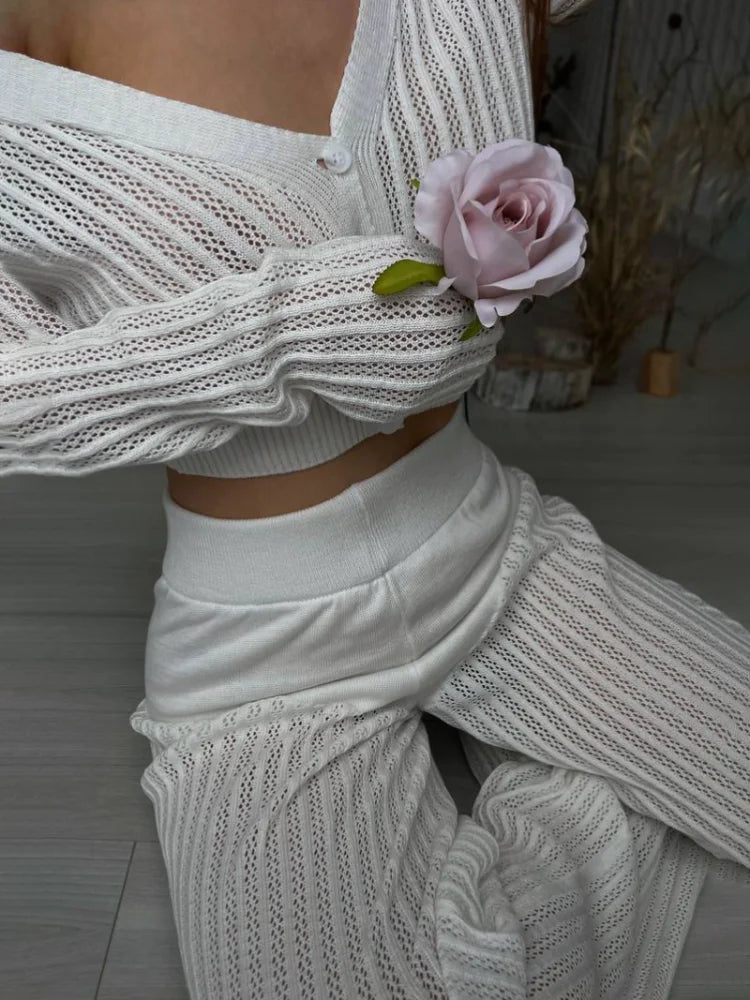 Knitted Sweater Outfits Buttons See-through Long Sleeve High Waist Knit Two Piece Trousers Outfits