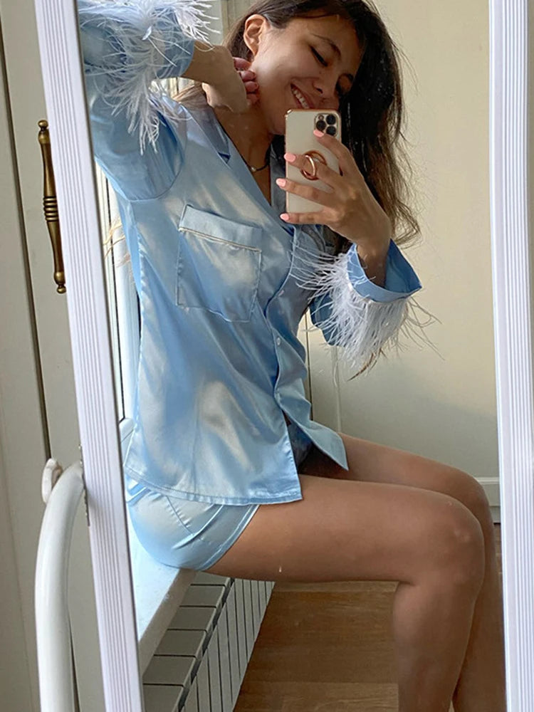 Feather Full Sleeve Pajama Sets Suits With Shorts Pocket Turn Down Collar Nightwear Single Breasted Outwears