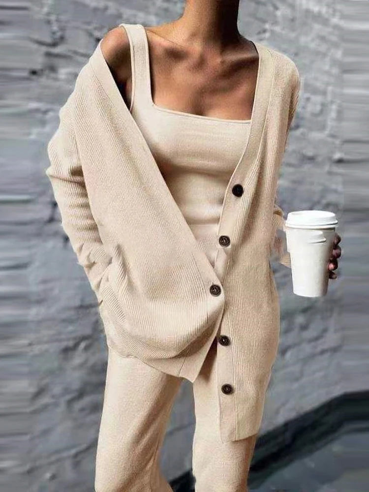 Knitted 3 Pices Set Cardigan Tops Tank Top and Loose Long Pants Suit Tracksuit Fall Winter