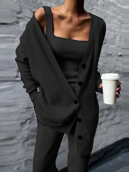 Knitted 3 Pices Set Cardigan Tops Tank Top and Loose Long Pants Suit Tracksuit Fall Winter