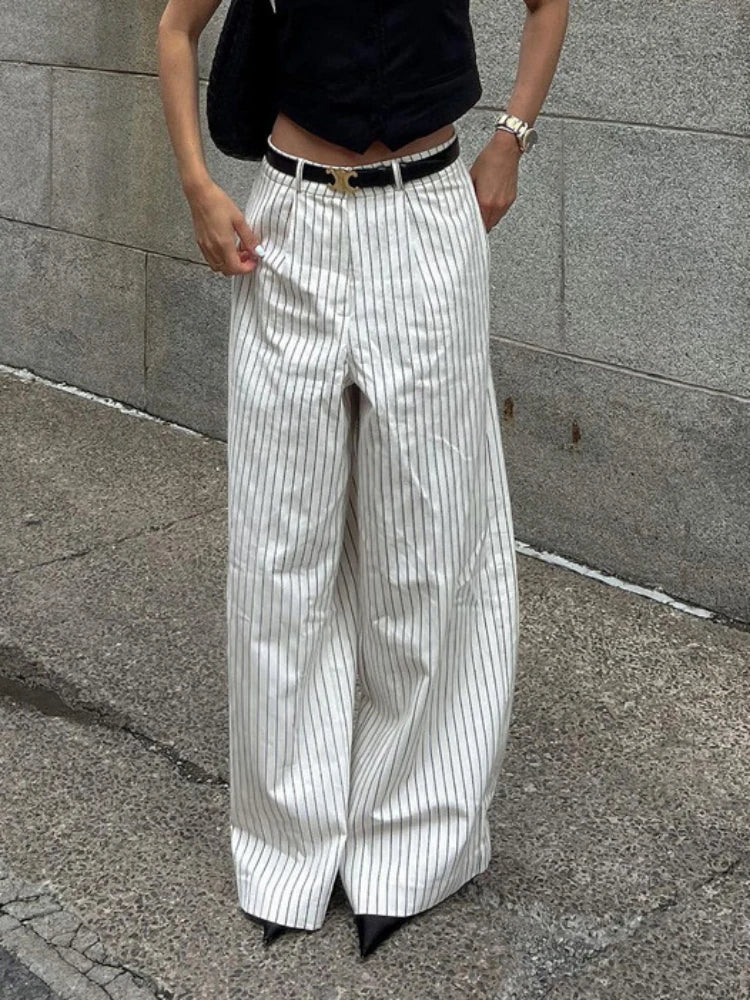 ’s Black White Stripe Wide Leg Pants New High Waist Zipper Loose Work Business Pants With Pockets