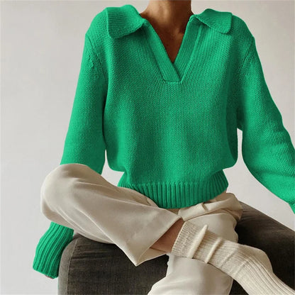 ’s Long Sleeves V-neck Knitted Sweater Loose Pullover Autumn Winter Sweatshirts Female Jumper