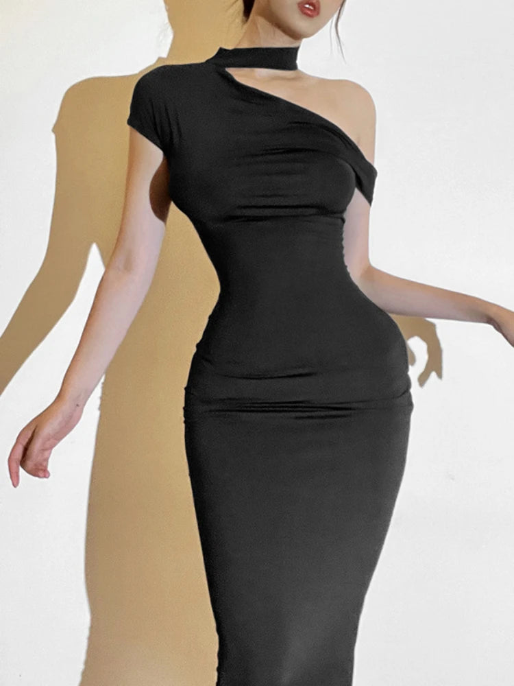 ’s Off the Shoulder Slope O Neck Maxi Dress Short Sleeve High Waist Slim Fit Club Party Dress Femme