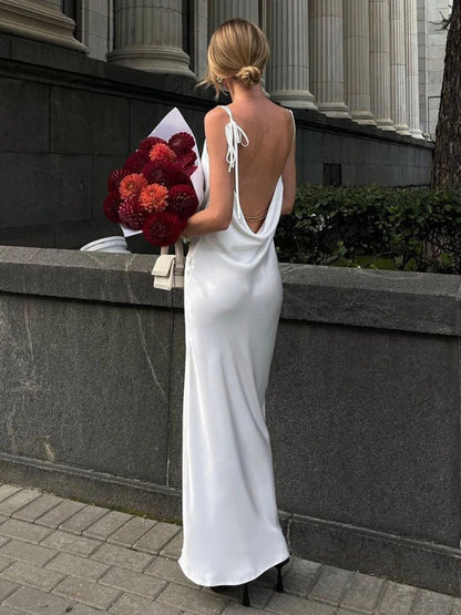 ��s High Silt Spaghetti Strap Chain Long Dress V Neck Sleeveless Lace Up Backless Loose Evening Club Party Dress