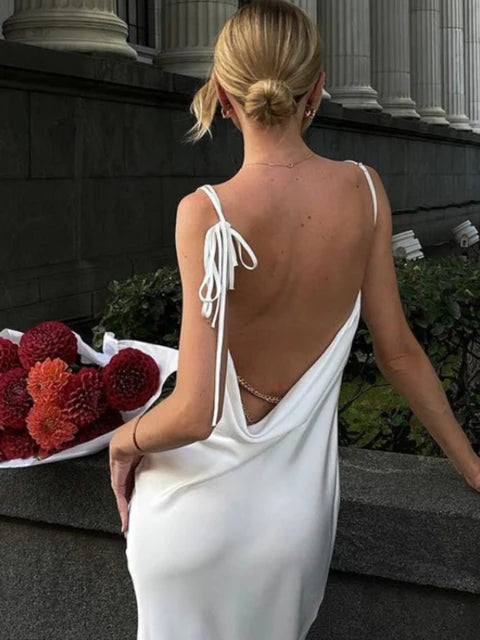 ��s High Silt Spaghetti Strap Chain Long Dress V Neck Sleeveless Lace Up Backless Loose Evening Club Party Dress