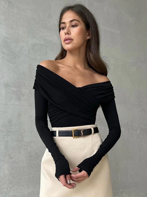 Wrinkled Cross Fitting Long Sleeves T-shirt Patchwork Pullover Top Female T-shirt Spring