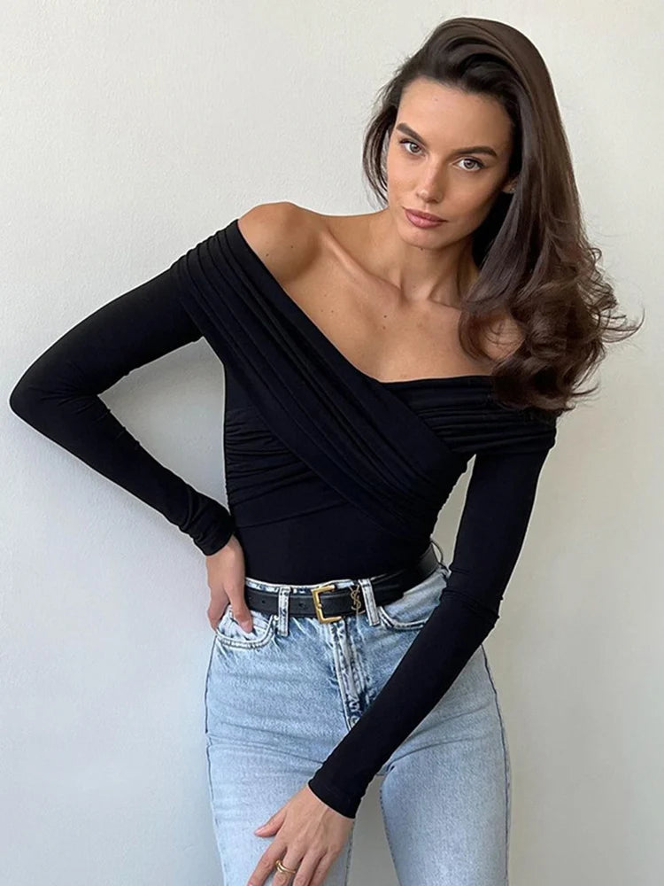 Wrinkled Cross Fitting Long Sleeves T-shirt Patchwork Pullover Top Female T-shirt Spring