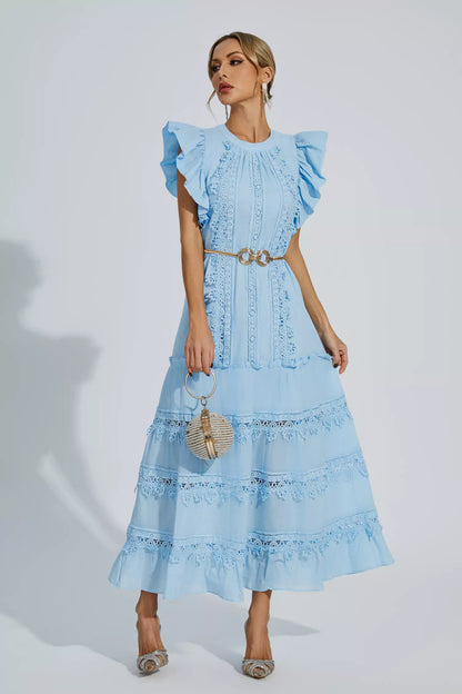 Treasure Blue Embroidered Belted Maxi Dress
