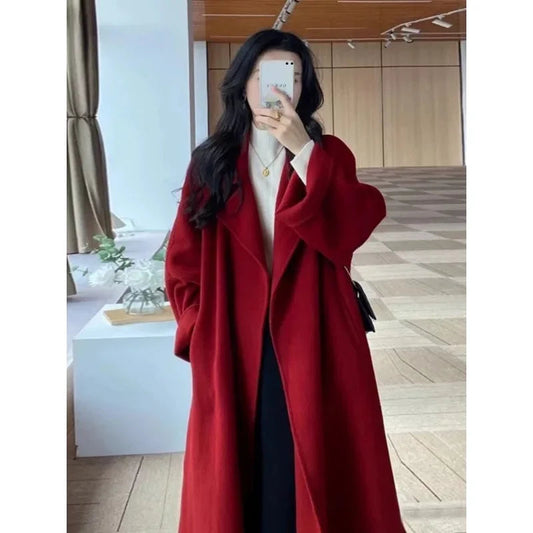 Red Loose-fit Medium-length Woolen Spring New Thickened Short Coat