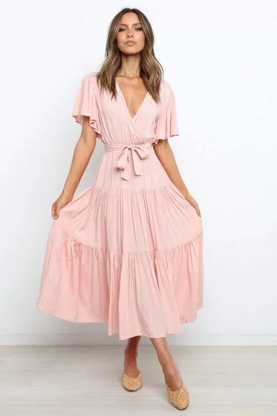 Color Ruffles Long Dresses V-neck Ruffle Sleeves Leace-up Temperament Lady Dress Summer New