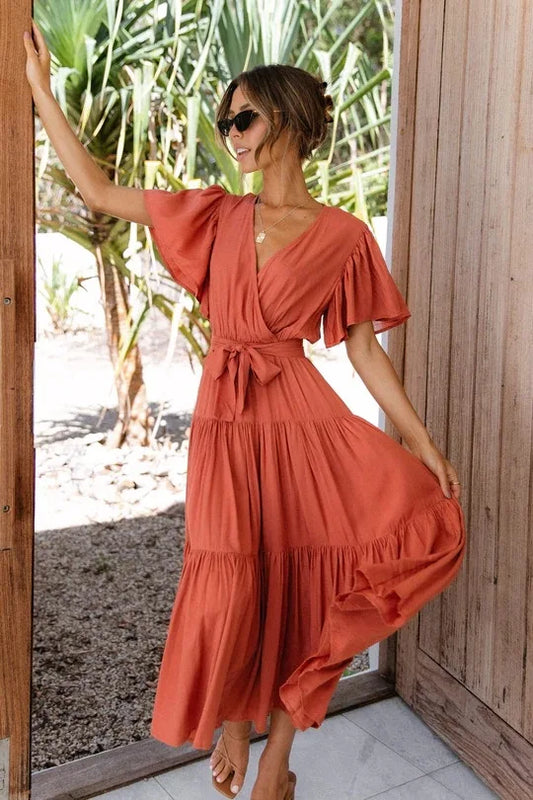 Color Ruffles Long Dresses V-neck Ruffle Sleeves Leace-up Temperament Lady Dress Summer New
