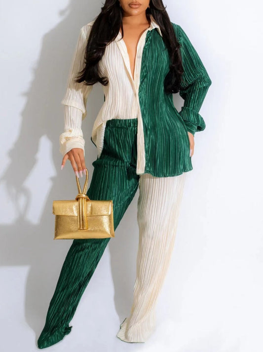 Ruched Patchwork Loose Pants Set Bo1149
