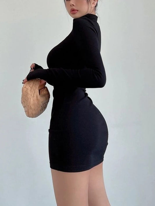 Turtleneck Long Sleeves Dresses Black Pleated Bodycon Mini Dress Fall Winter Party Club Y2k Clothings