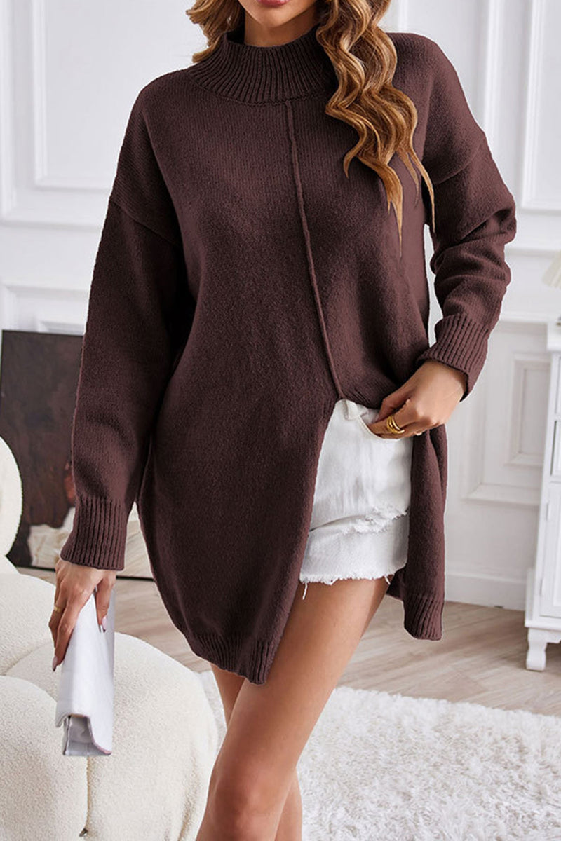 Turtleneck Slit-front Mid-length Sweater