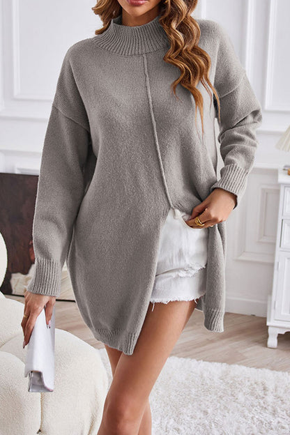 Turtleneck Slit-front Mid-length Sweater