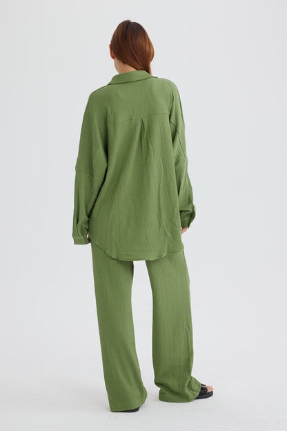 Two Piece Color Long Sleeve Shirt Long Pants Set