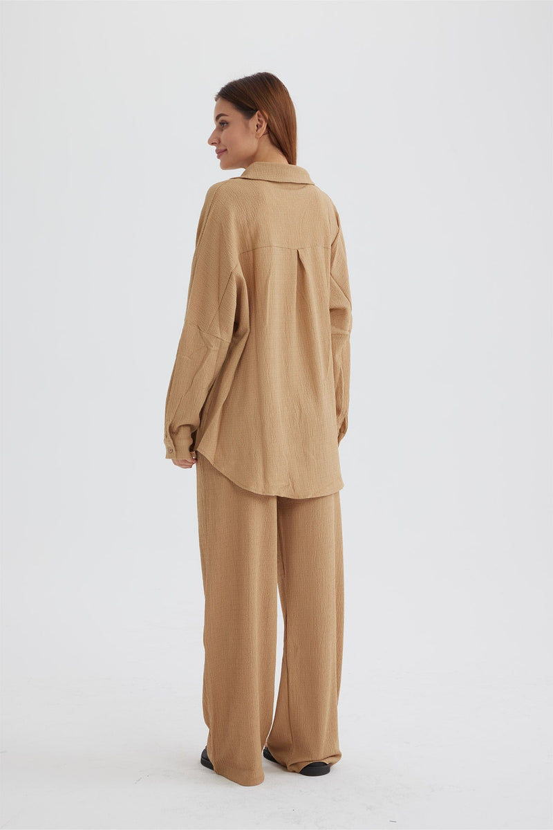 Two Piece Color Long Sleeve Shirt Long Pants Set
