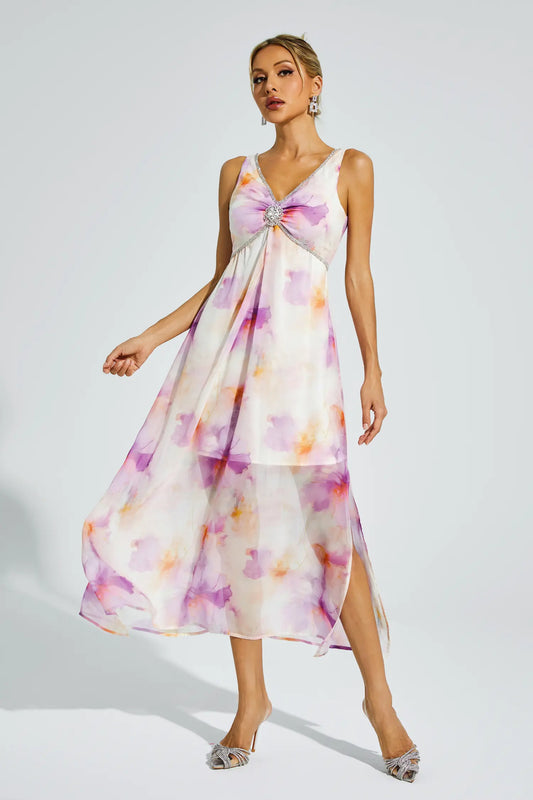 Tyler Purple Diamond V Neck Midi Dress