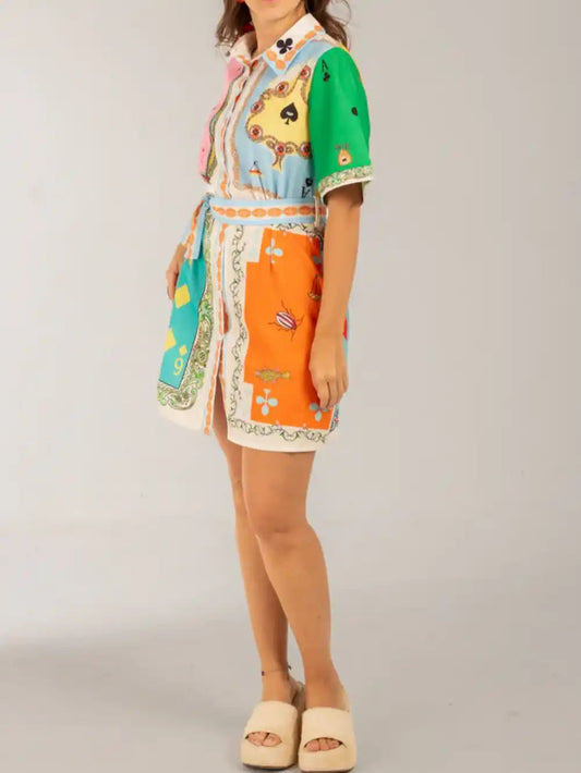 Printed Shirt Cardigan Short Dress