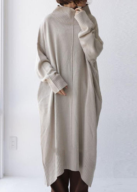 Unique Apricot Hign Neck Patchwork Knit Sweater Dress Fall We030