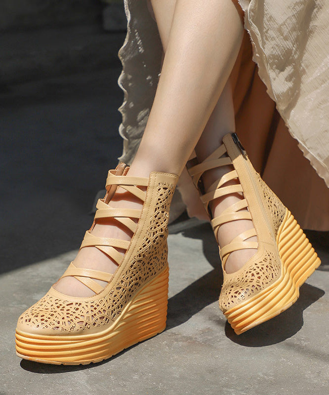 Retro Coffee Cowhide Hollow Out Splicing Cross Strap High Wedge Heels Shoes Sl1006