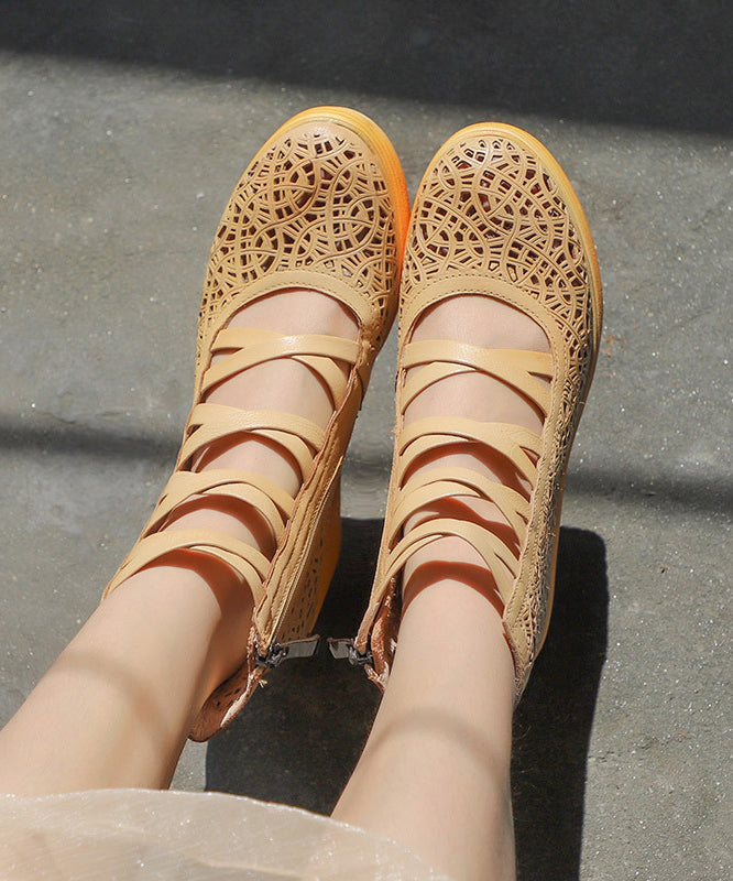 Retro Coffee Cowhide Hollow Out Splicing Cross Strap High Wedge Heels Shoes Sl1006