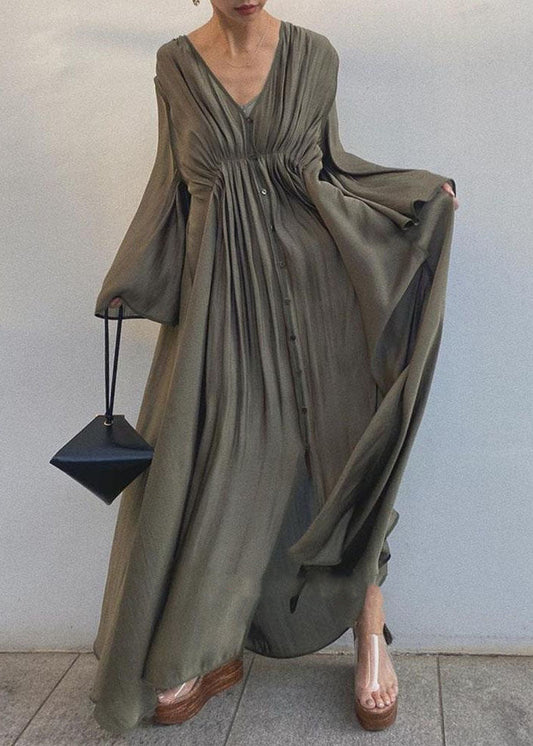 Unique Army Green Cinched Patchwork Cotton Long Dresses Flare Sleeve Ly1312