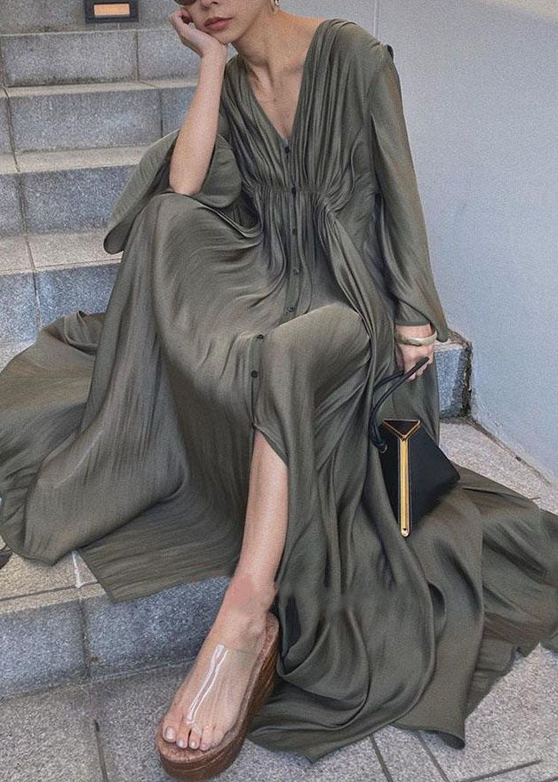 Unique Army Green Cinched Patchwork Cotton Long Dresses Flare Sleeve Ly1312