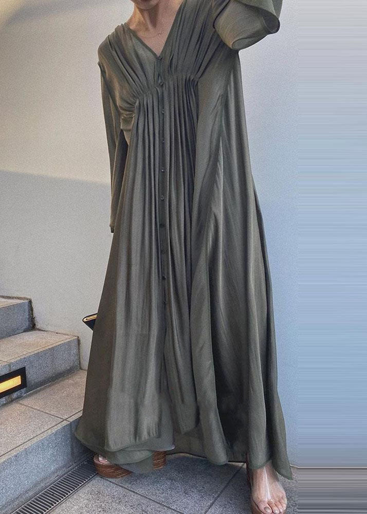Unique Army Green Cinched Patchwork Cotton Long Dresses Flare Sleeve Ly1312