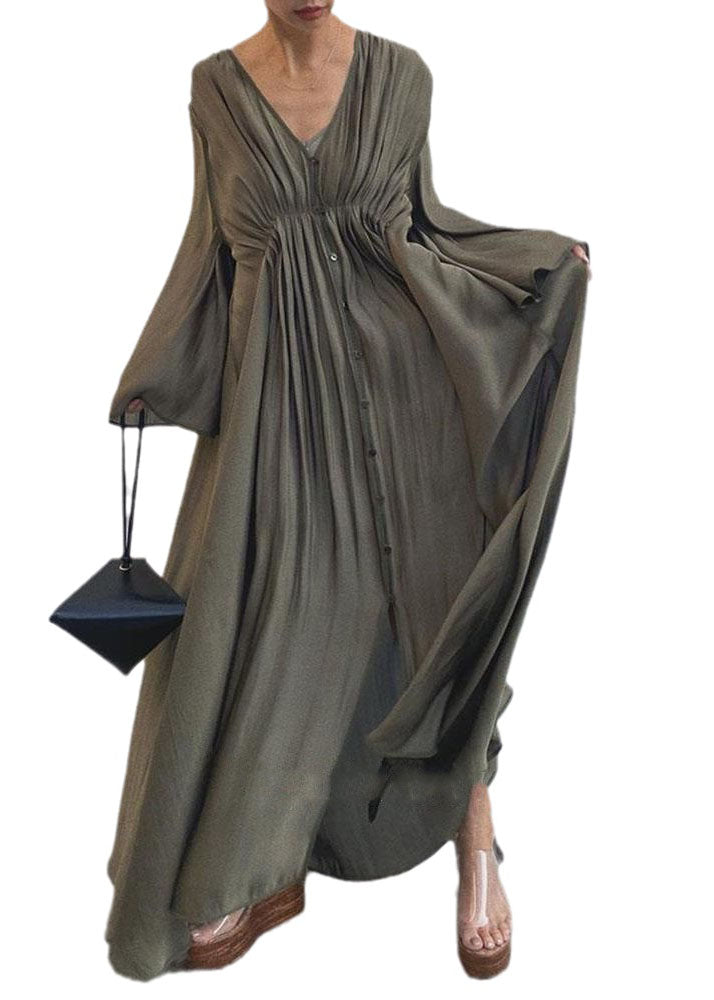 Unique Army Green Cinched Patchwork Cotton Long Dresses Flare Sleeve Ly1312