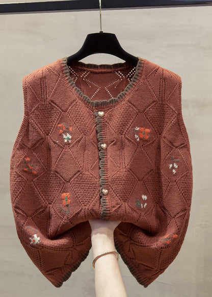 Unique Beige O-neck Embroidered Cotton Knit Waistcoat Fall Qp013