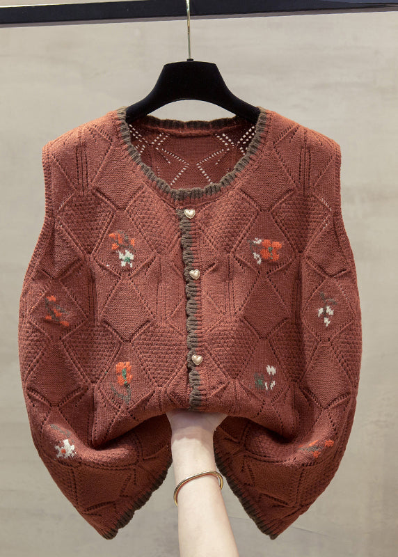 Unique Beige O-neck Embroidered Cotton Knit Waistcoat Fall Qp013