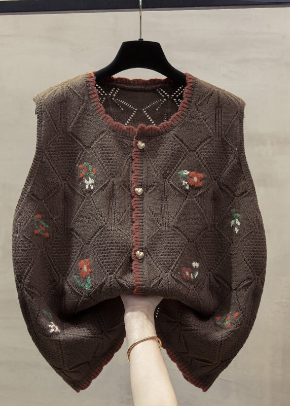 Unique Beige O-neck Embroidered Cotton Knit Waistcoat Fall Qp013