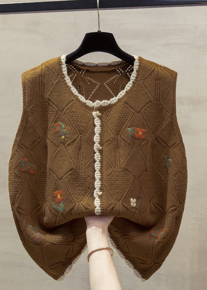 Unique Beige O-neck Embroidered Cotton Knit Waistcoat Fall Qp013