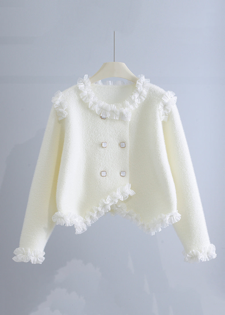 Unique Beige Ruffled Patchwork Mink Hair Knitted Coat Fall Wo032
